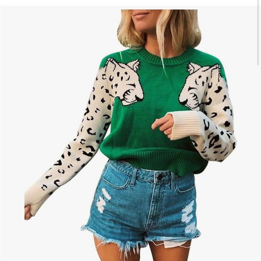 Junboon Leopard Print Knitted Pullover Sweaters Long Sleeve Crew Neck Top M - Picture 3 of 9
